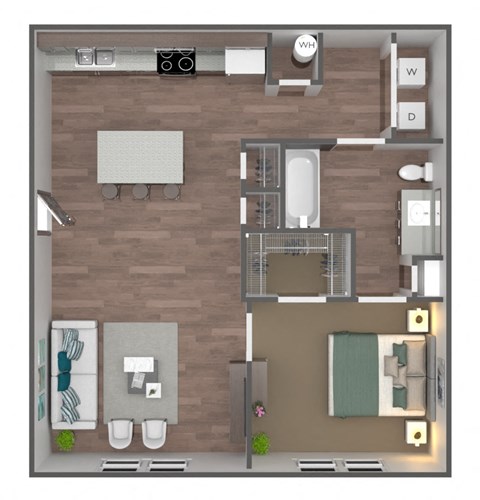 Floor plan for 1 bed, 1 bath, 730 sqft